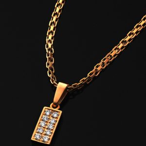 A gold necklace with a rectangular diamond pendant