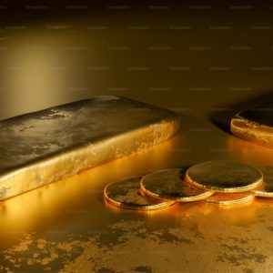 a gold bar and five gold coins on a shiny surface
